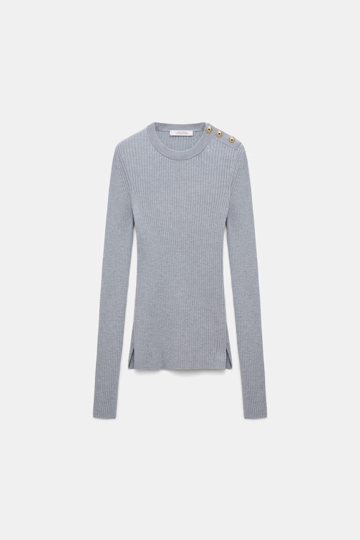 Dorothee Schumacher Pullover aus Wolle-Seide Mix mit goldenen Knöpfen grey melange