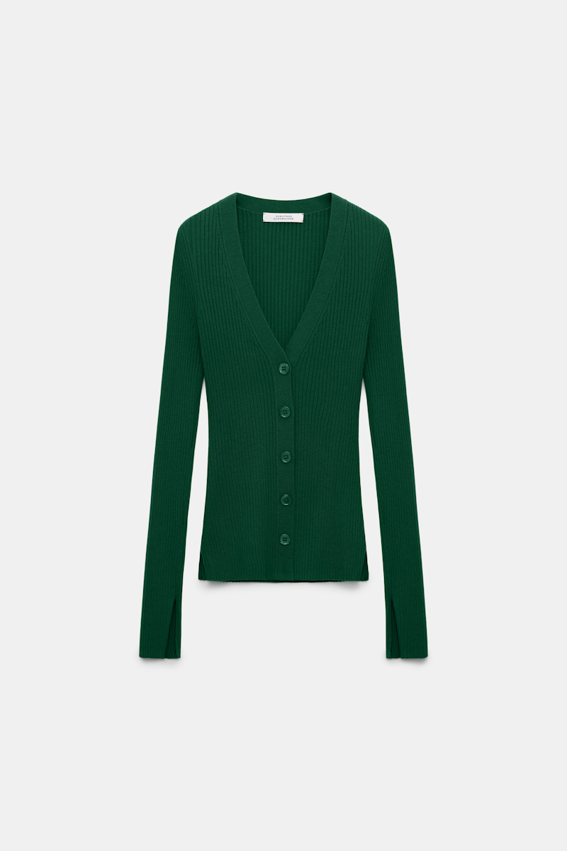 Shop Dorothee Schumacher Wool-silk Blend Ribbed Cardigan In Green