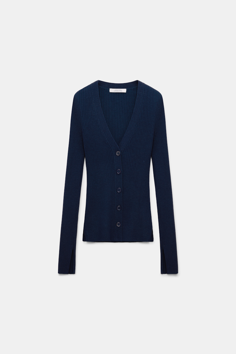 Dorothee Schumacher Wool-silk Blend Ribbed Cardigan In Blue