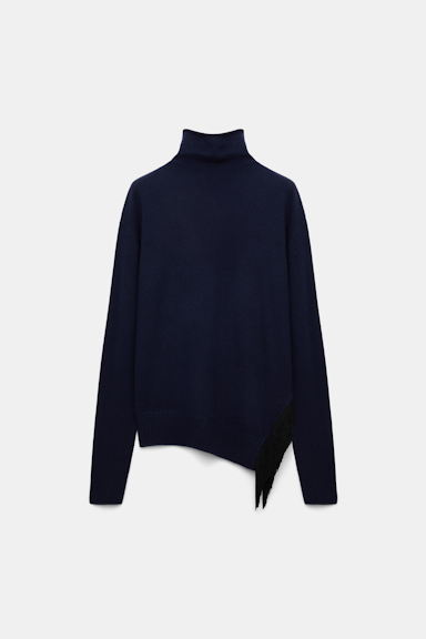 Dorothee Schumacher Rollkragenpullover aus Merino und Kaschmir mit Fransen navy
