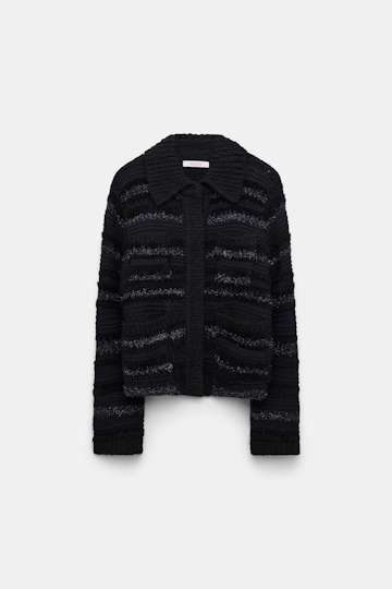 Dorothee Schumacher Shimmering stripe knit cardigan-jacket midnight sky tweed