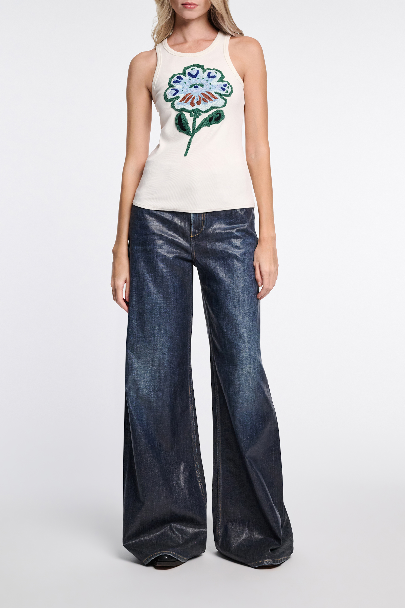 Dorothee Schumacher Fine rib tank top with flower embroidery light blue