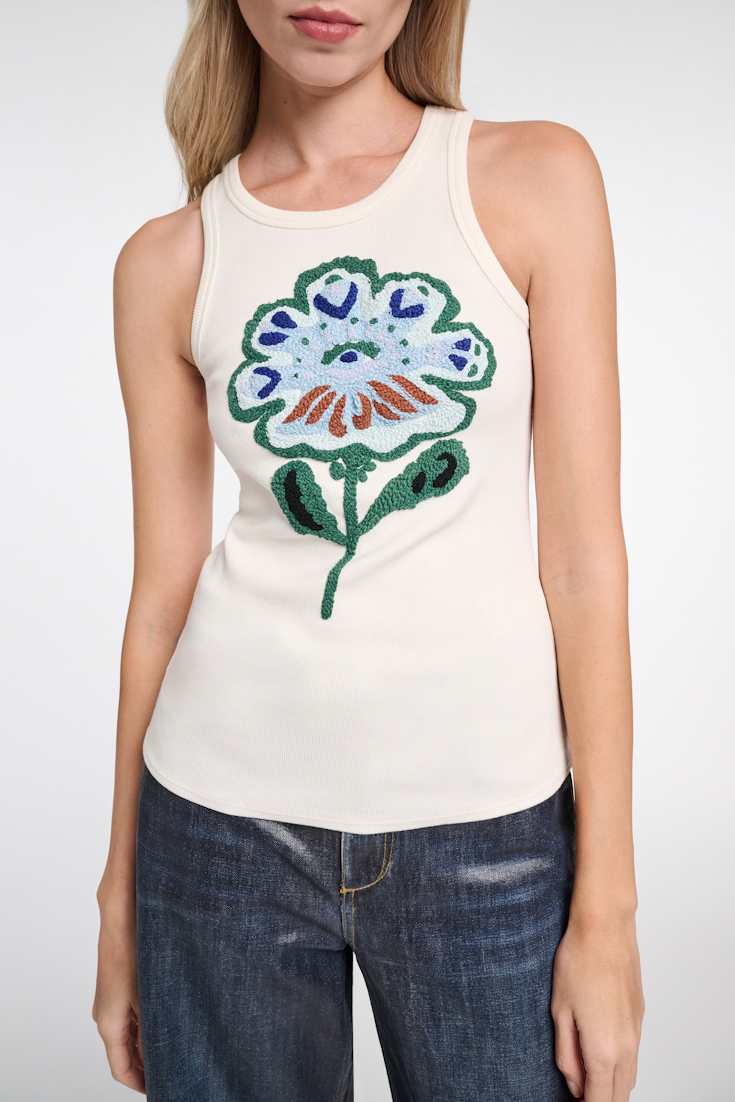 Dorothee Schumacher Fine rib tank top with flower embroidery light blue