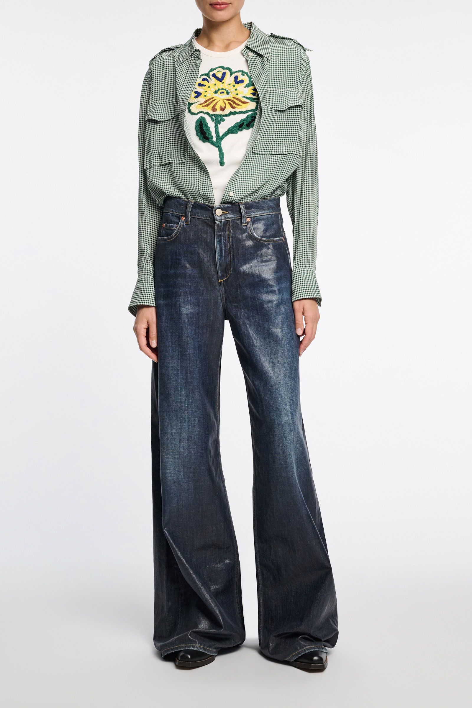 Dorothee Schumacher Geripptes Shirt mit  Blumenstickerei light yellow