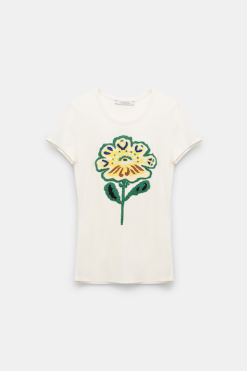 Dorothee Schumacher Fine rib T-shirt with flower embroidery light yellow