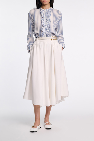 Dorothee Schumacher Striped silk-viscose blouson-style blouse with ruffles blue shadow stripe