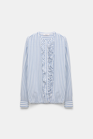 Dorothee Schumacher Striped silk-viscose blouson-style blouse with ruffles blue shadow stripe