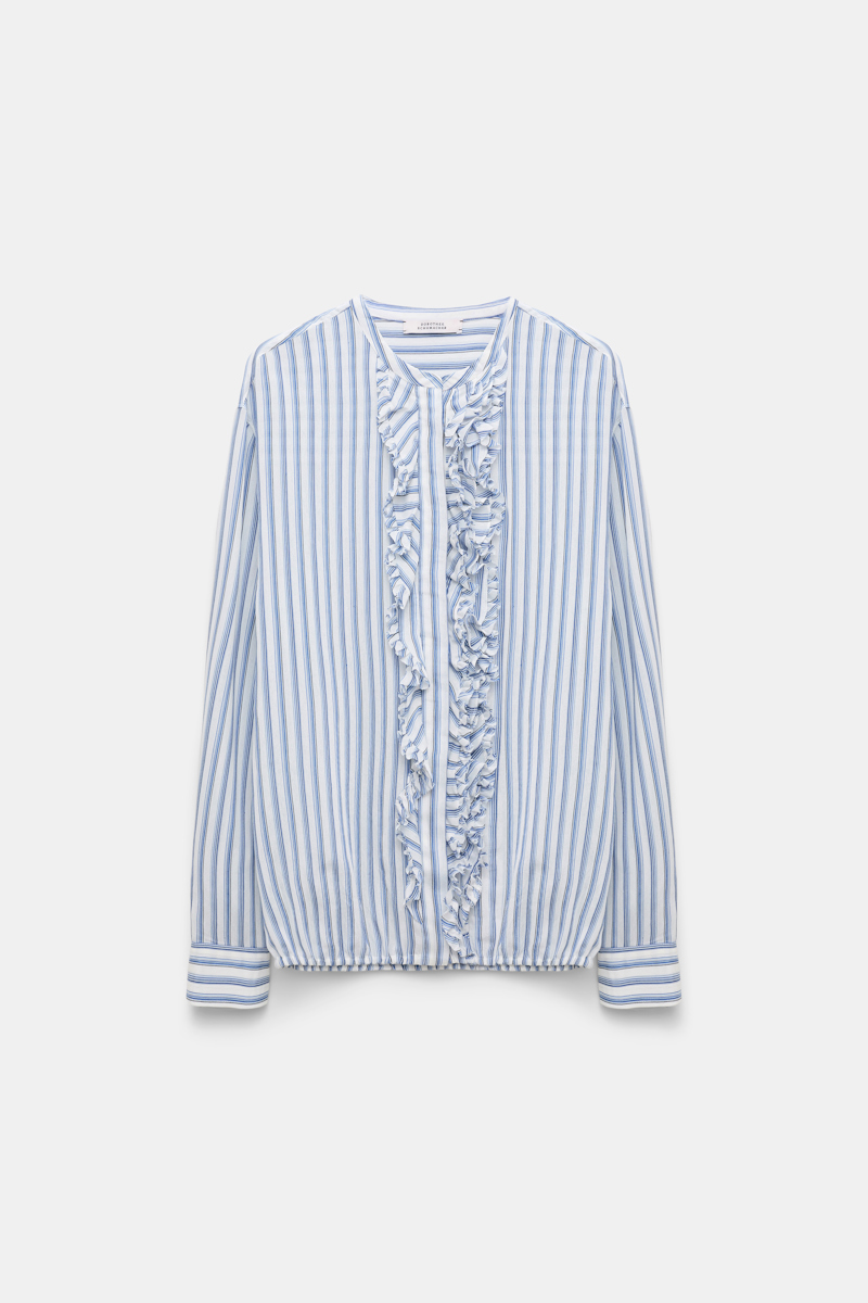 DOROTHEE SCHUMACHER STRIPED SILK-VISCOSE BLOUSON-STYLE BLOUSE WITH RUFFLES 