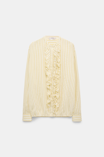 Dorothee Schumacher Striped silk-viscose blouson-style blouse with ruffles yellow shadow stripe