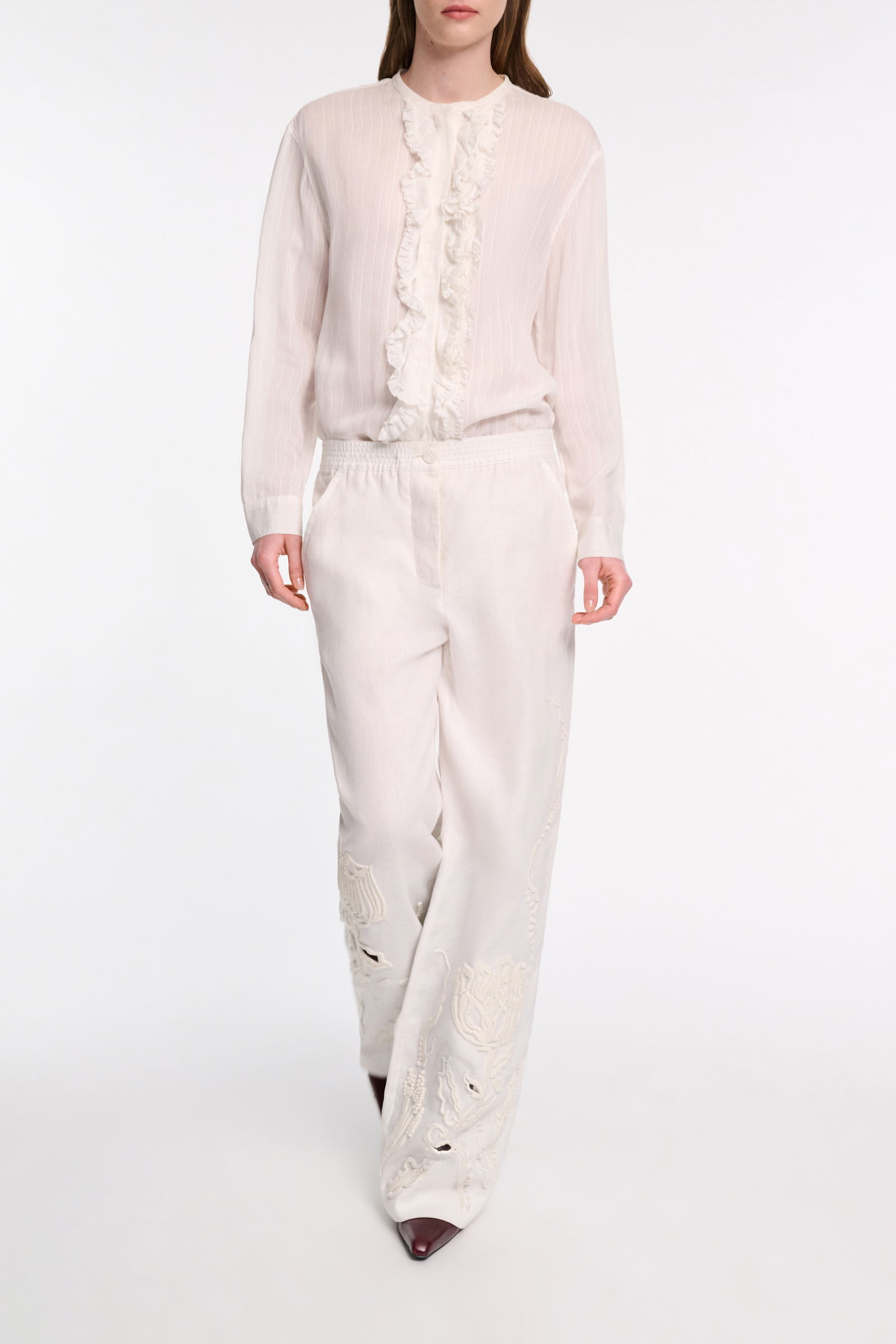 Dorothee Schumacher Striped silk-viscose blouson-style blouse with ruffles pure white
