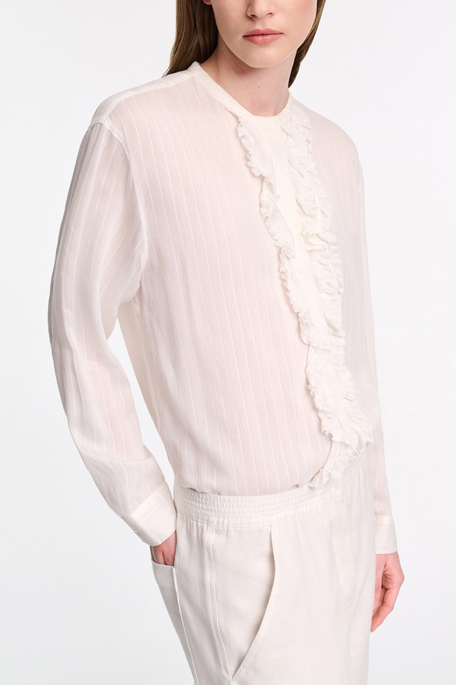 Dorothee Schumacher Striped silk-viscose blouson-style blouse with ruffles pure white