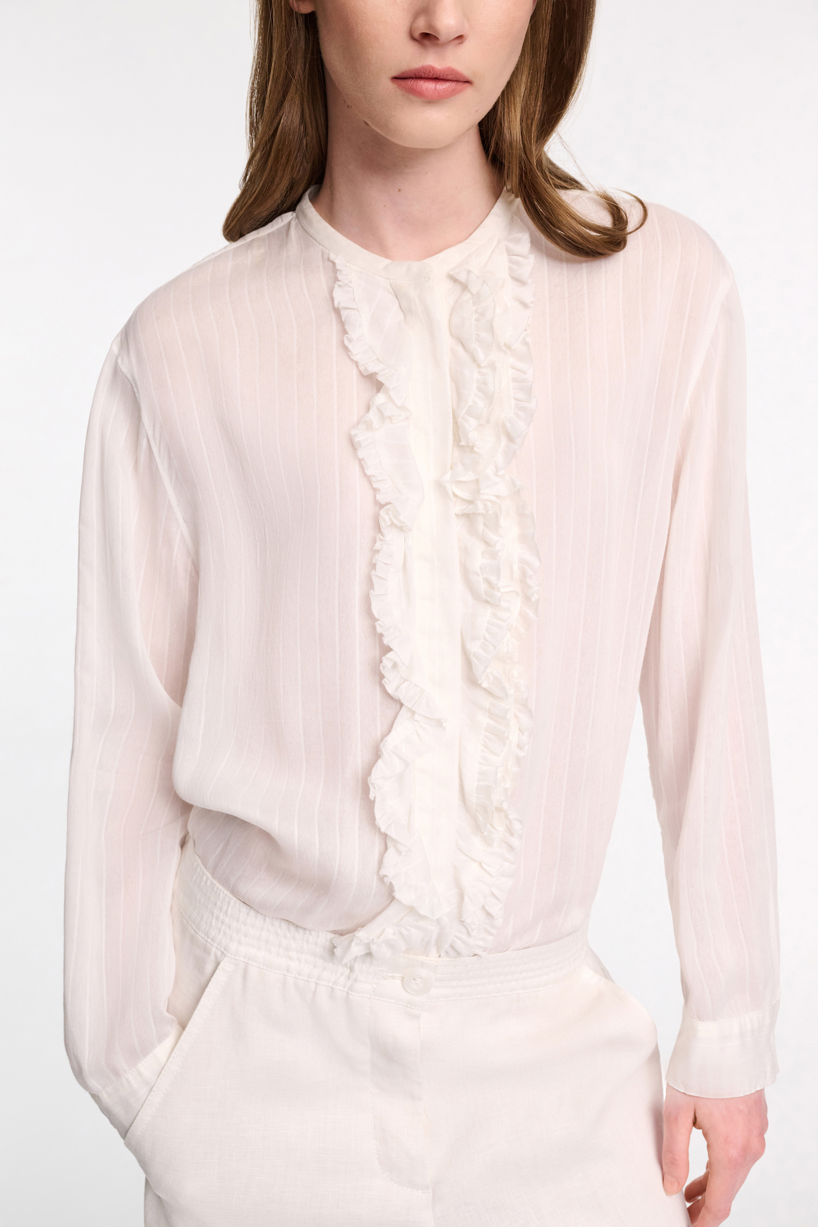 Dorothee Schumacher Striped silk-viscose blouson-style blouse with ruffles pure white