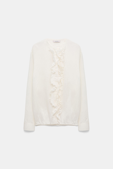 Dorothee Schumacher Striped silk-viscose blouson-style blouse with ruffles pure white