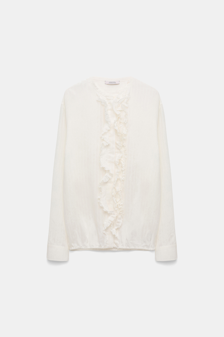 Dorothee Schumacher Striped silk-viscose blouson-style blouse with ruffles pure white