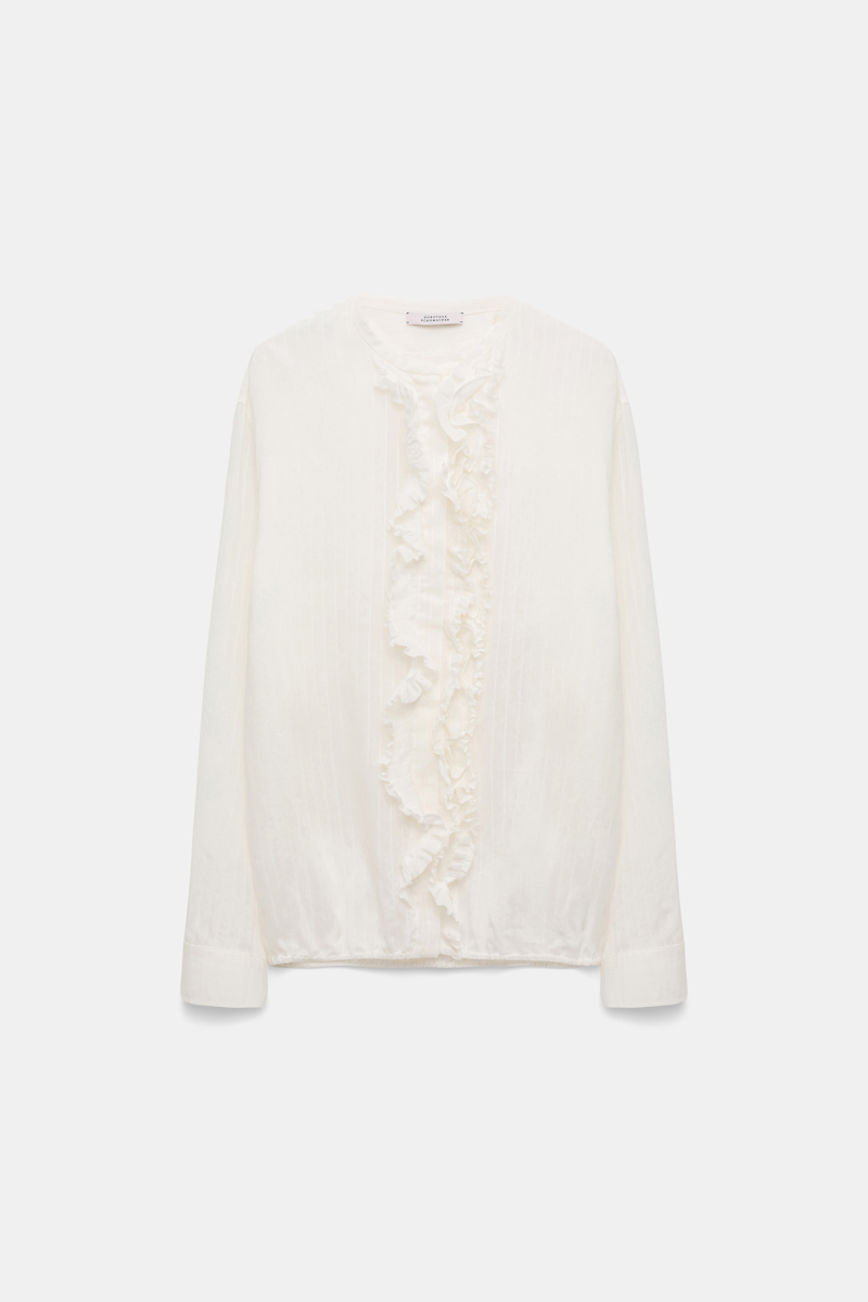 DOROTHEE SCHUMACHER STRIPED SILK-VISCOSE BLOUSON-STYLE BLOUSE WITH RUFFLES