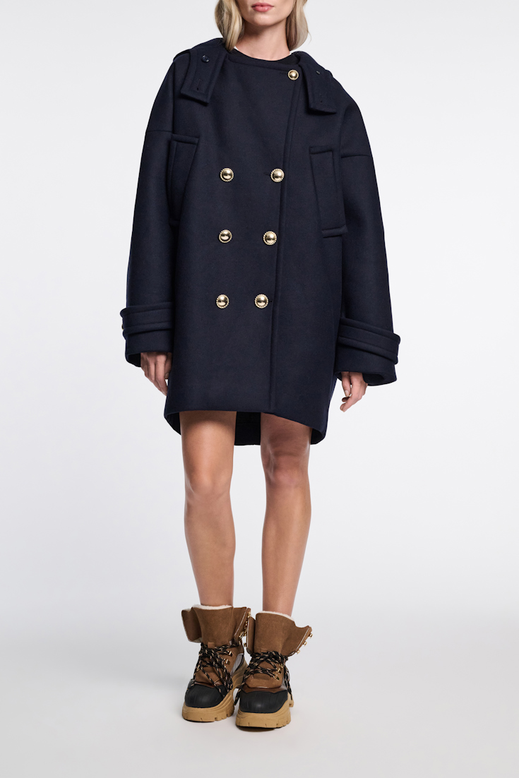 Dorothee Schumacher Bonded wool flannel coat with hood dark navy