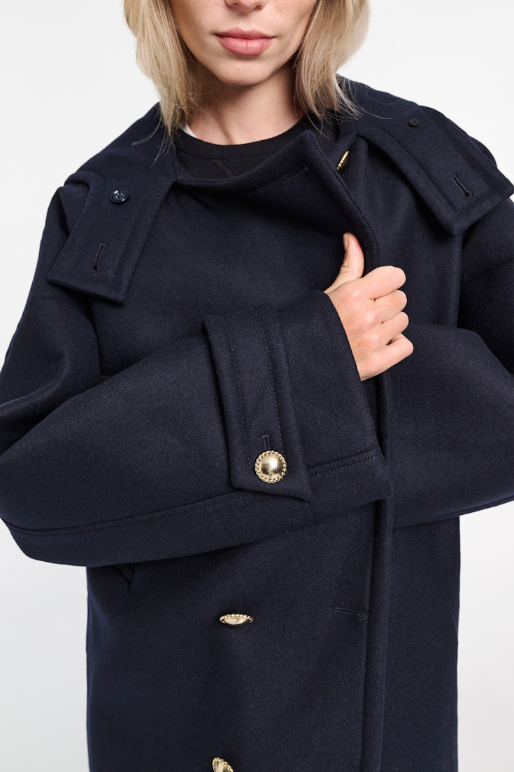 Dorothee Schumacher Bonded wool flannel coat with hood dark navy
