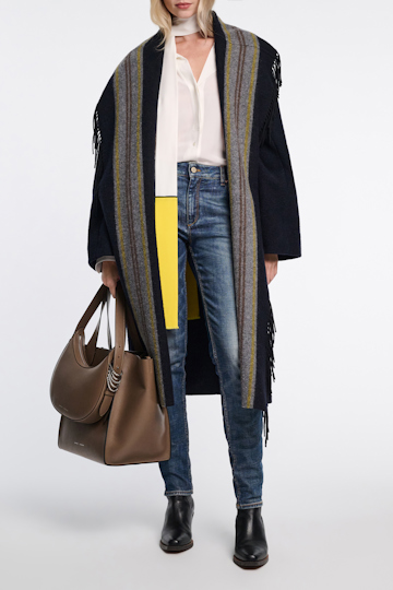 Dorothee Schumacher Oversized long coat with striped collar and fringe blue mix