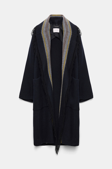 Dorothee Schumacher Oversized long coat with striped collar and fringe blue mix