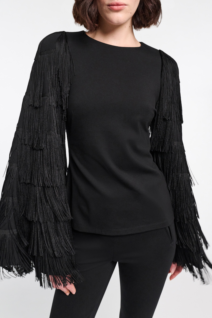 Dorothee Schumacher Langarmtop aus Punto Milano mit Fransen an den Ärmeln pure black