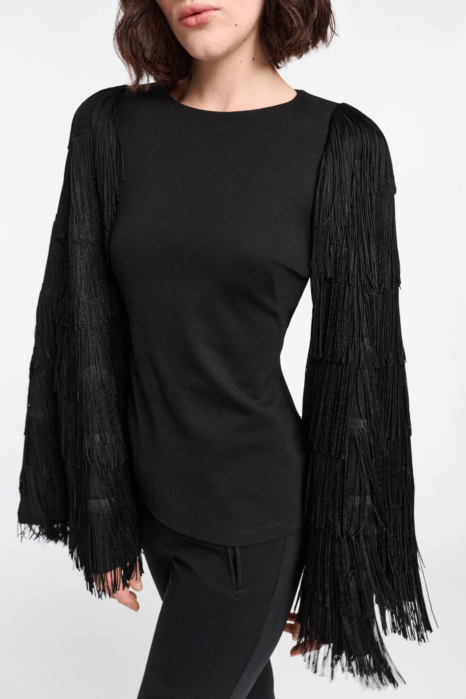 Dorothee Schumacher Langarmtop aus Punto Milano mit Fransen an den Ärmeln pure black