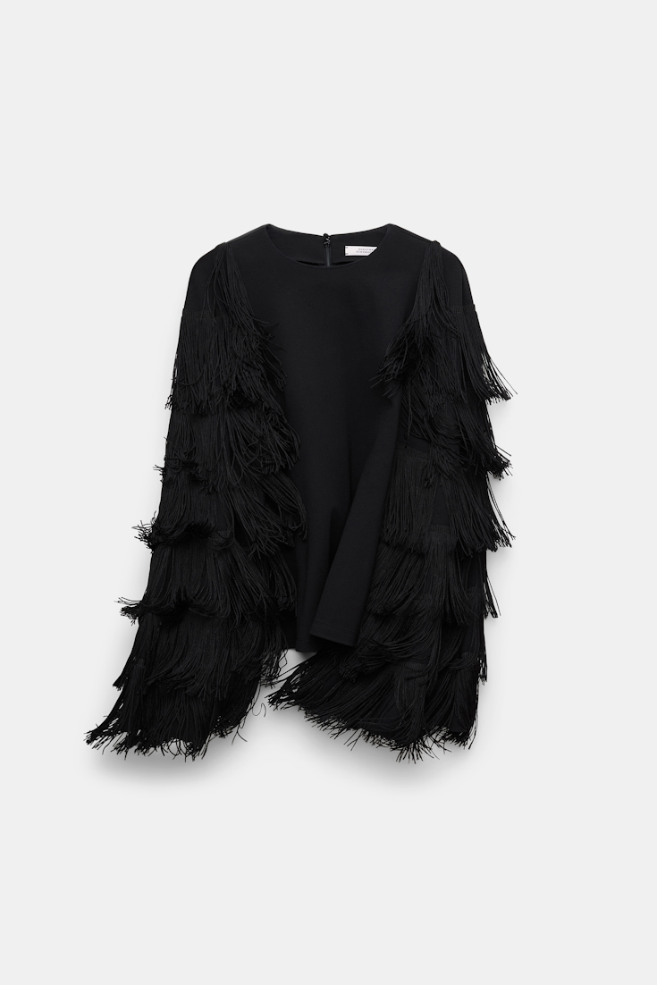 Dorothee Schumacher Langarmtop aus Punto Milano mit Fransen an den Ärmeln pure black