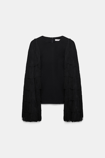 Dorothee Schumacher Langarmtop aus Punto Milano mit Fransen an den Ärmeln pure black