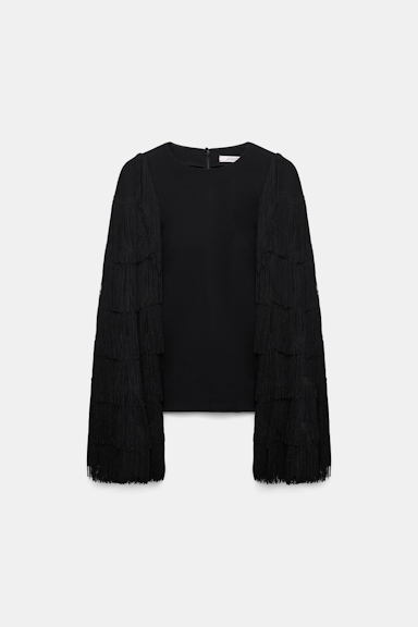 Dorothee Schumacher Langarmtop aus Punto Milano mit Fransen an den Ärmeln pure black