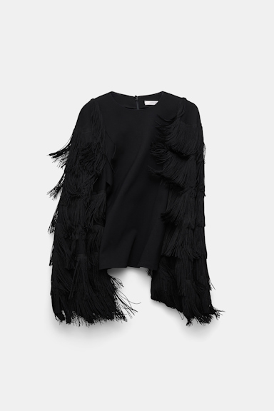Dorothee Schumacher Langarmtop aus Punto Milano mit Fransen an den Ärmeln pure black