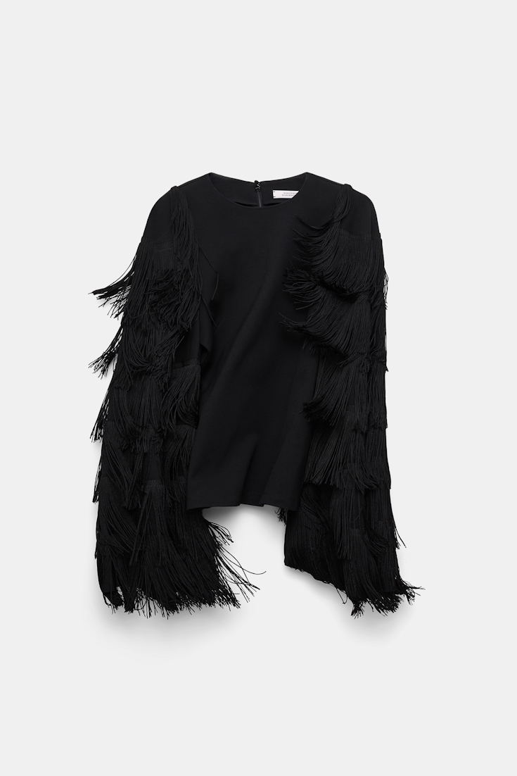 Dorothee Schumacher Langarmtop aus Punto Milano mit Fransen an den Ärmeln pure black