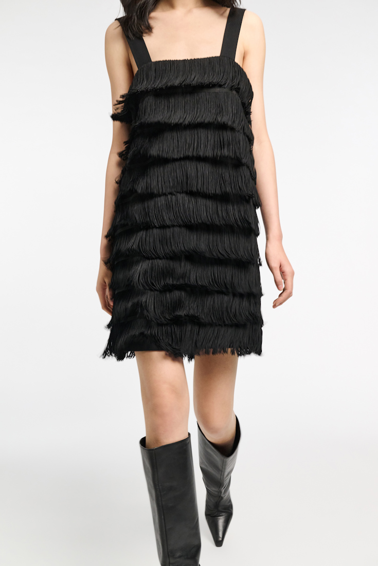 Dorothee Schumacher Punto Milano Kleid mit breiten Trägern und Allover-Fransen pure black