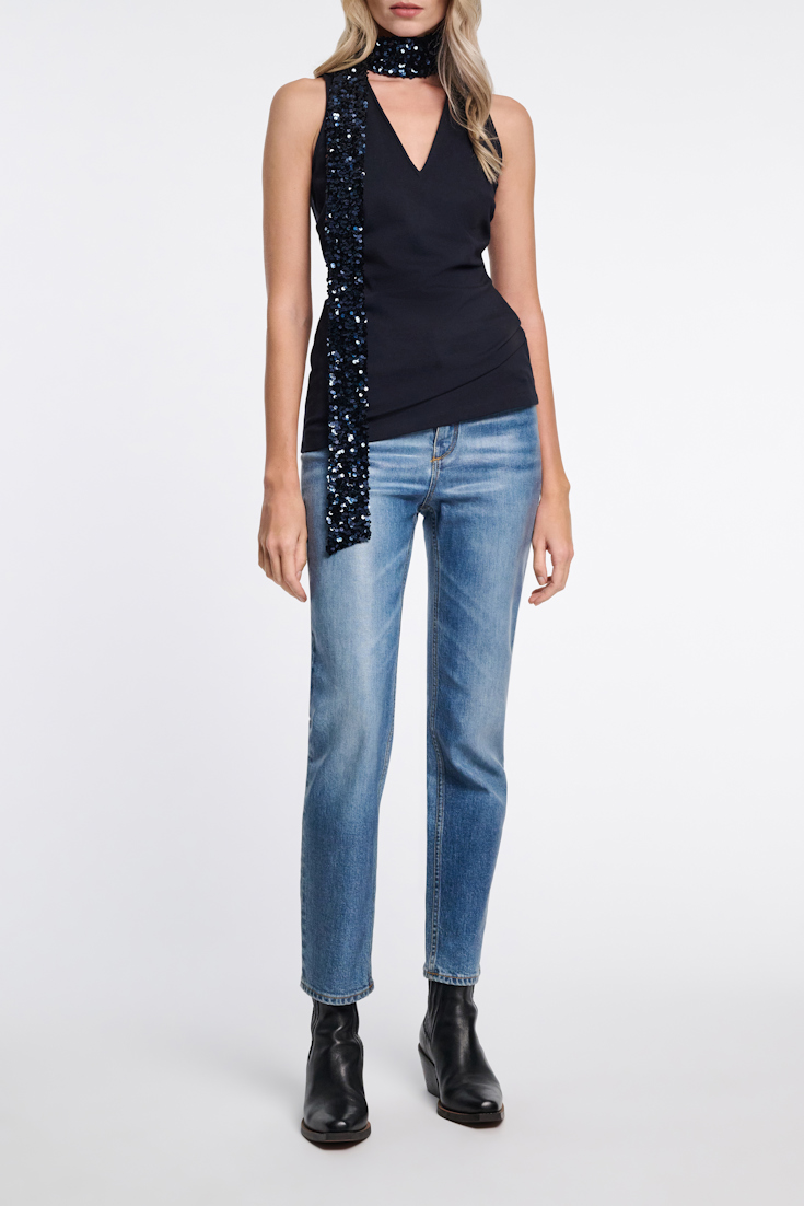 Dorothee Schumacher Punto Milano top with sequin scarf dark navy