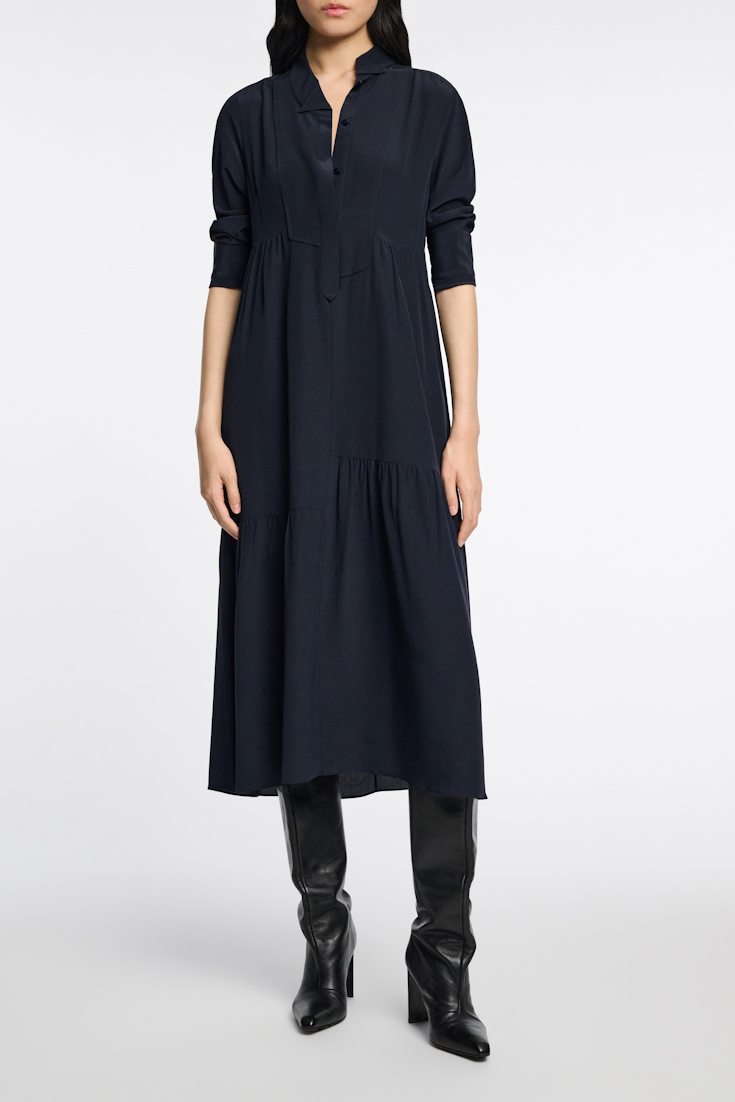 Dorothee Schumacher Silk dress with asymmetrical plastron and collar dark navy