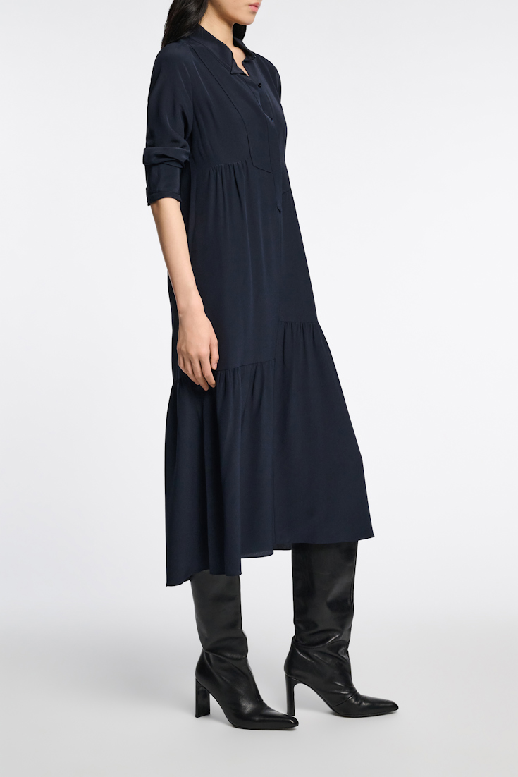 Dorothee Schumacher Silk dress with asymmetrical plastron and collar dark navy