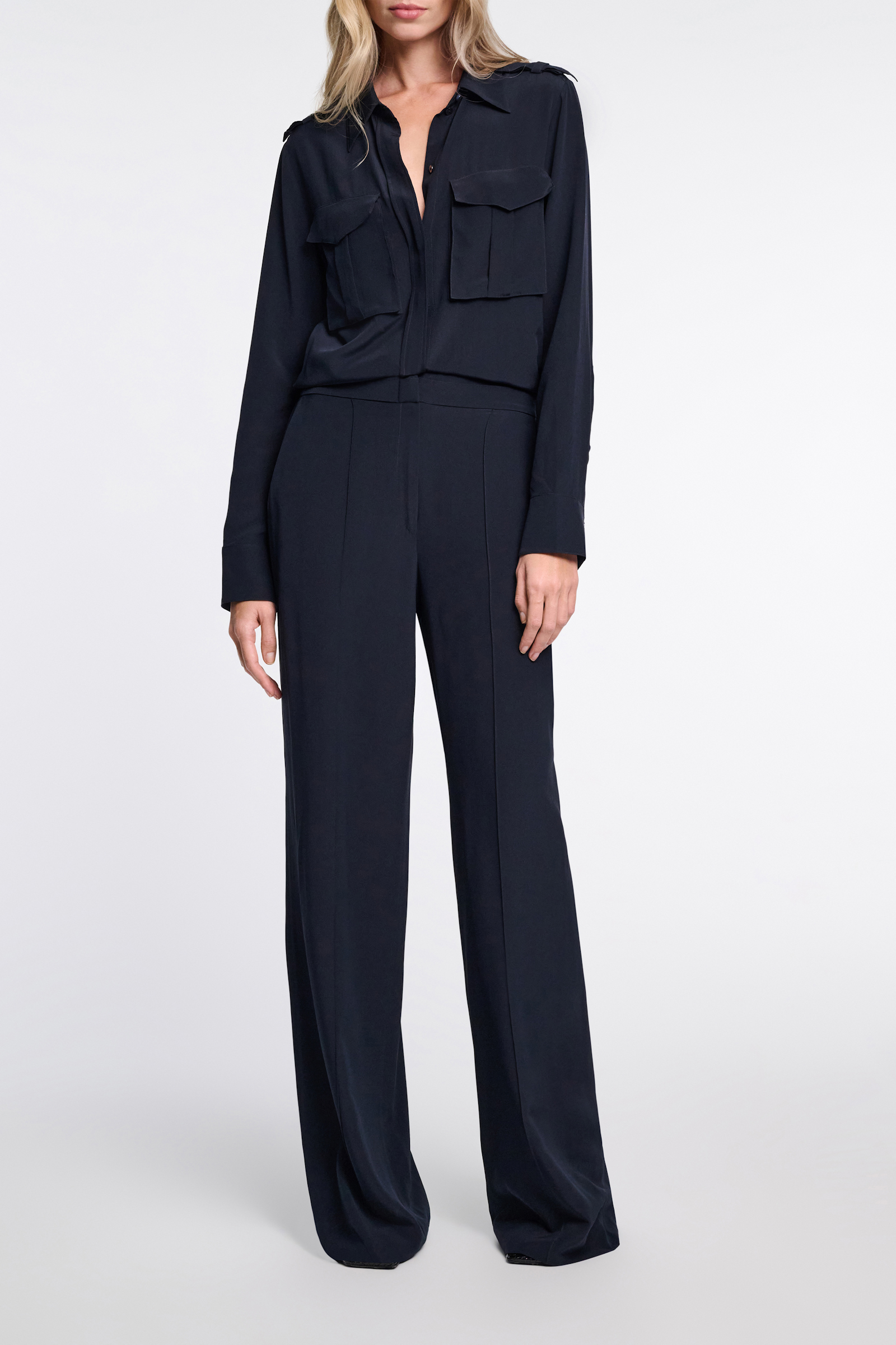 Dorothee Schumacher Crêpe de chine silk jumpsuit with epaulettes dark navy