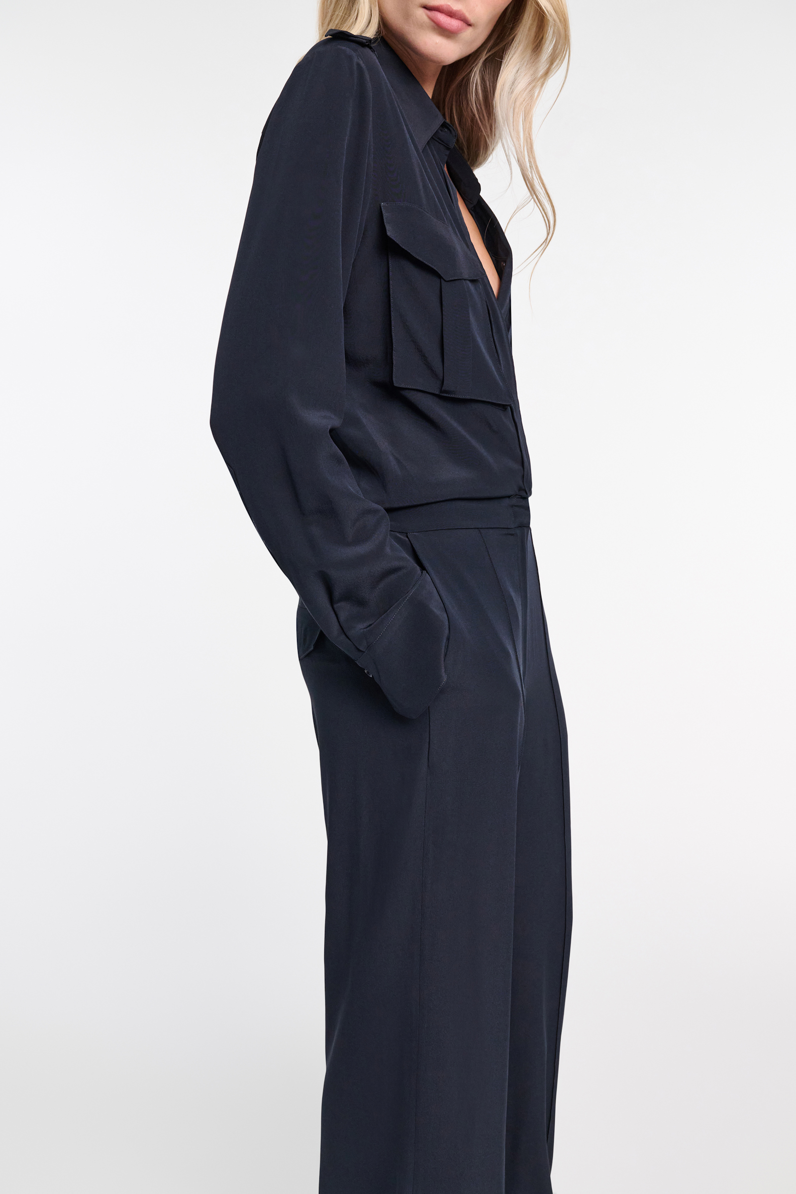 Dorothee Schumacher Crêpe de chine silk jumpsuit with epaulettes dark navy