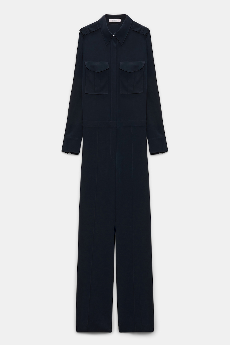 Shop Dorothee Schumacher Crãªpe De Chine Silk Jumpsuit With Epaulettes In Blue