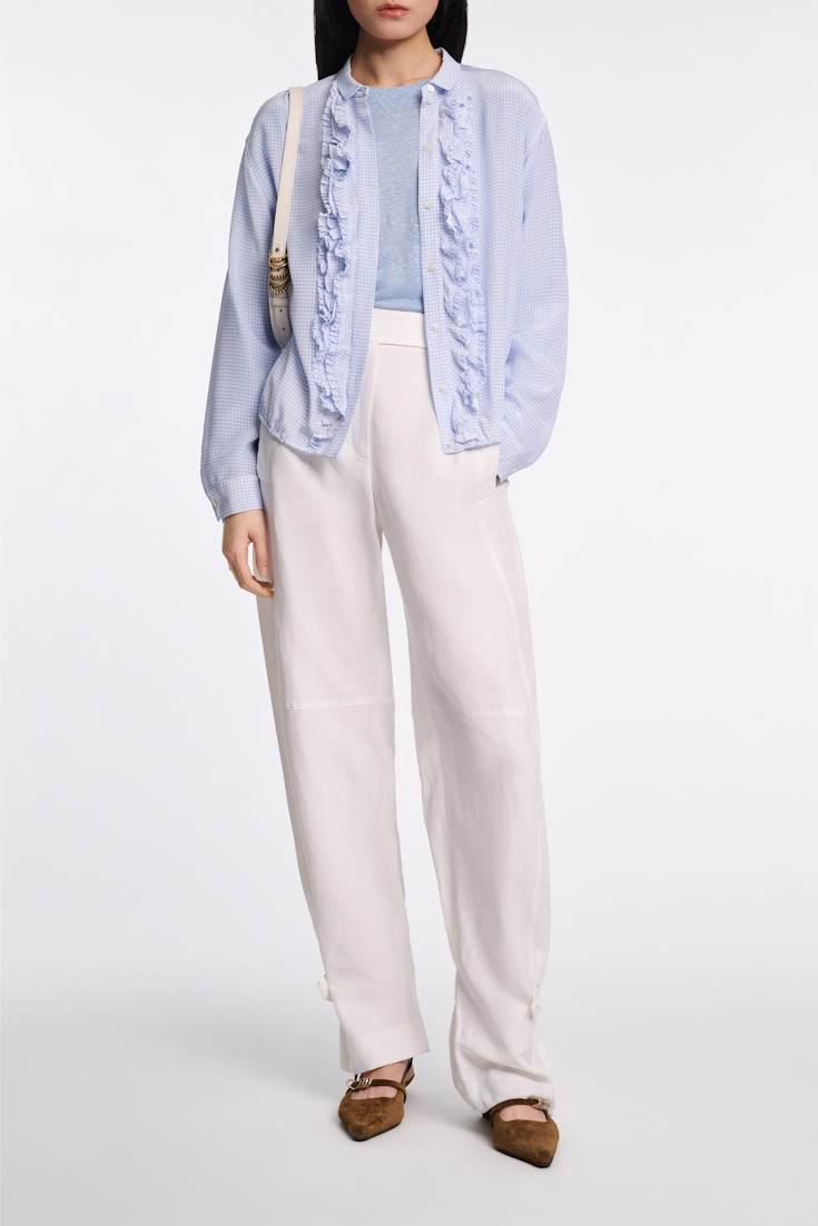 Dorothee Schumacher Blouson-Bluse aus Seide-Viskose Mix mit Vichy-Print blue vichy