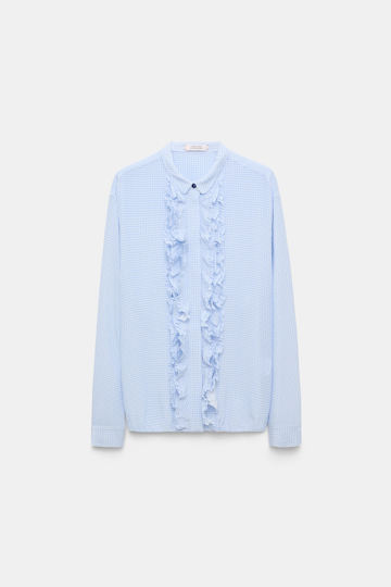 Dorothee Schumacher Gingham print blouson blouse with ruffle trim blue vichy