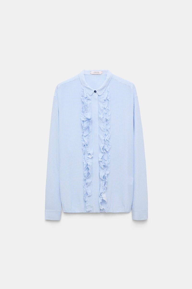 Dorothee Schumacher Gingham Print Blouson Blouse With Ruffle Trim In Multi Colour