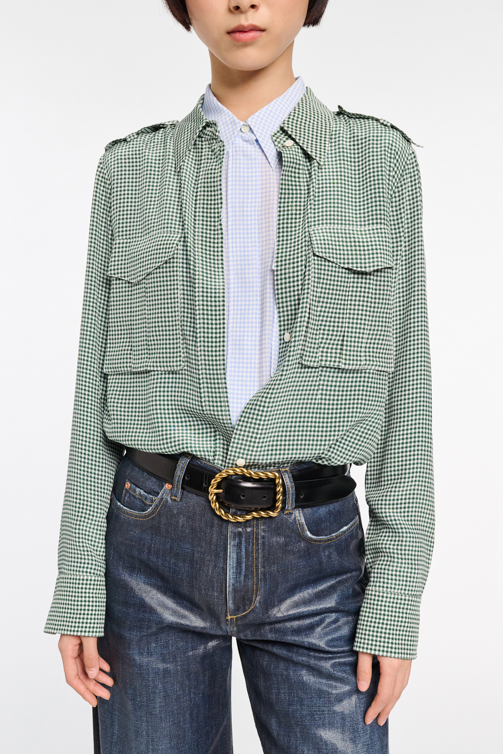 Dorothee Schumacher Gingham print silk-viscose blouse with epaulettes green vichy