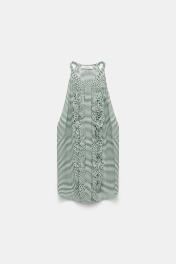 Dorothee Schumacher Gingham print silk-viscose tank top with ruffle trim green vichy