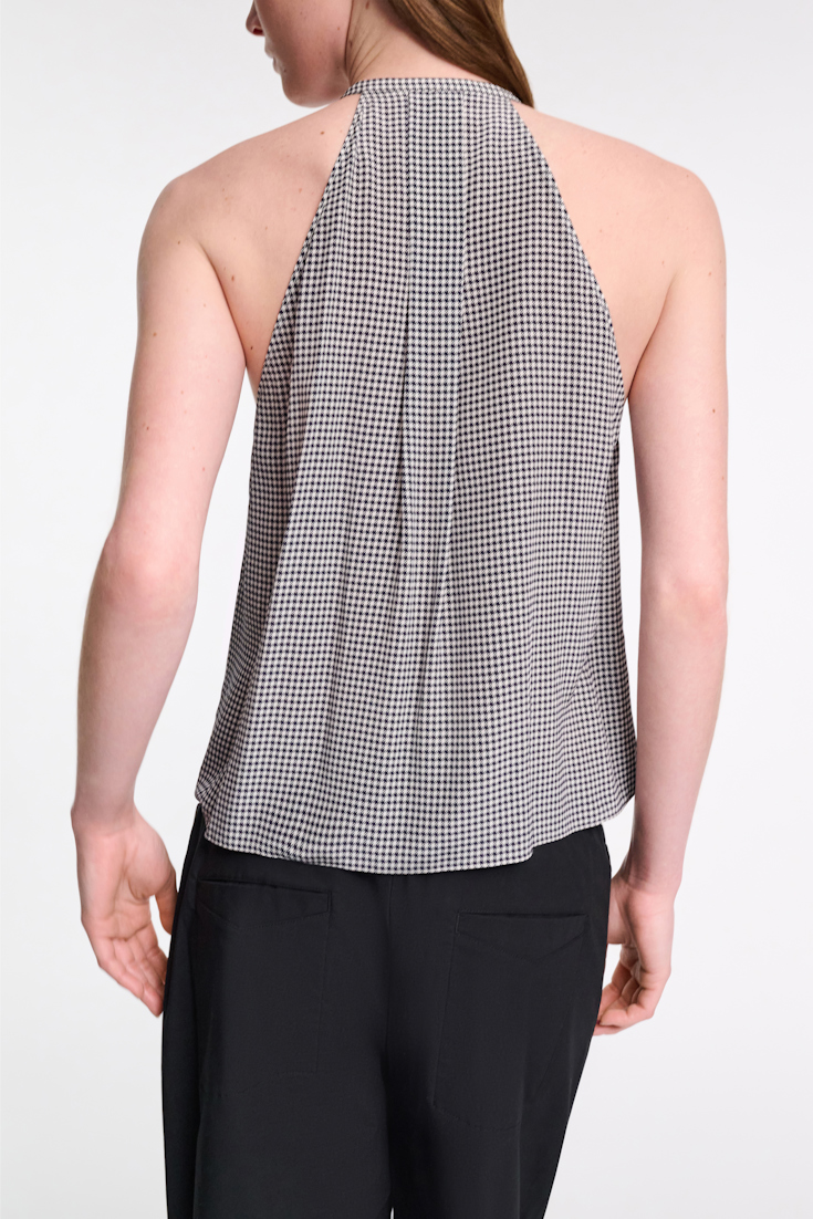 Dorothee Schumacher Gingham print silk-viscose tank top with ruffle trim dark navy vichy