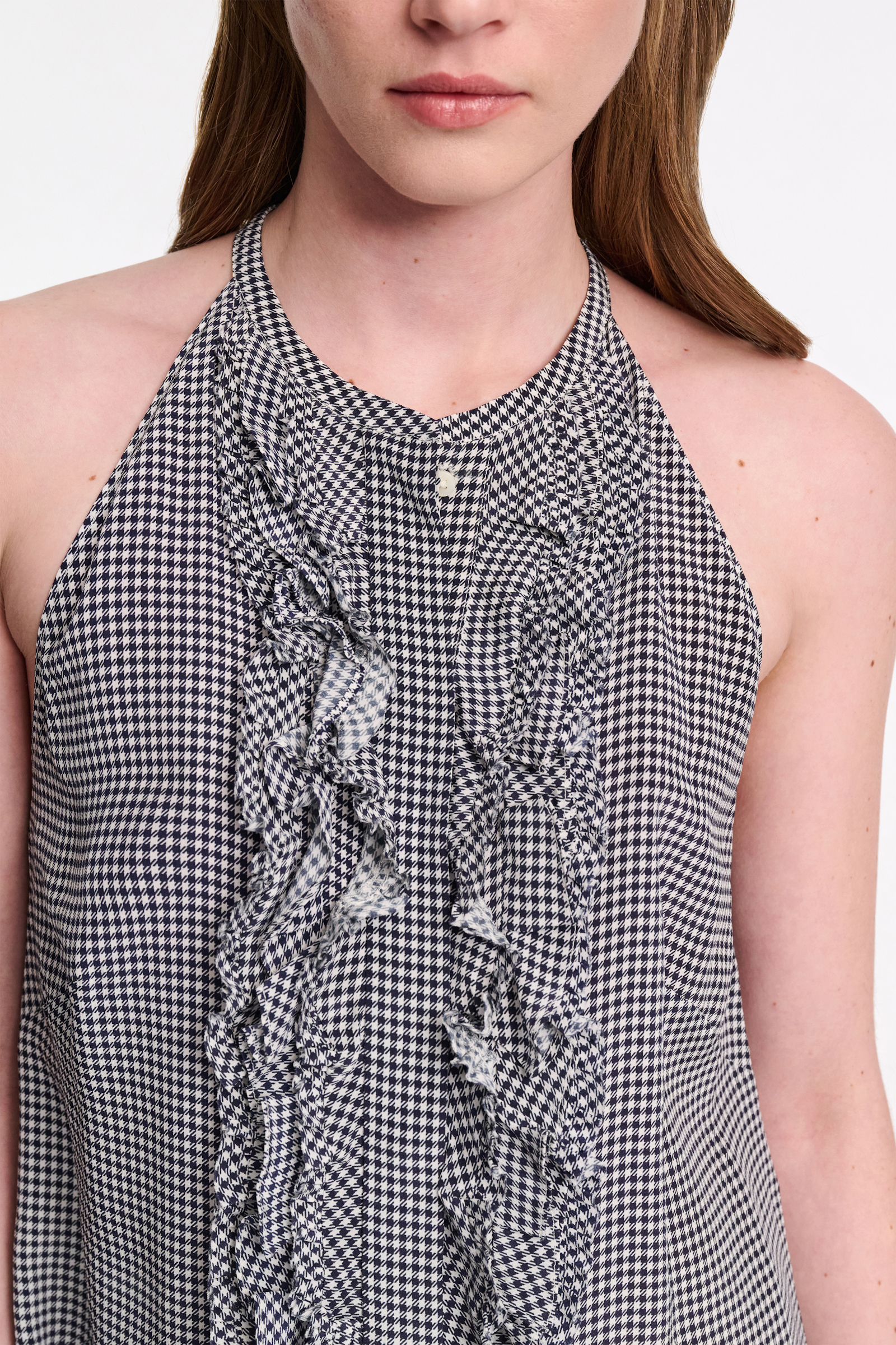 Dorothee Schumacher Gingham print silk-viscose tank top with ruffle trim dark navy vichy