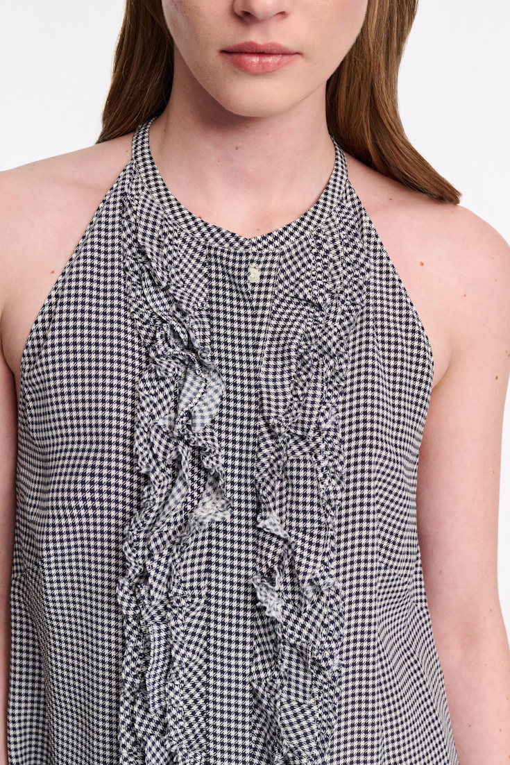 Dorothee Schumacher Gingham print silk-viscose tank top with ruffle trim dark navy vichy