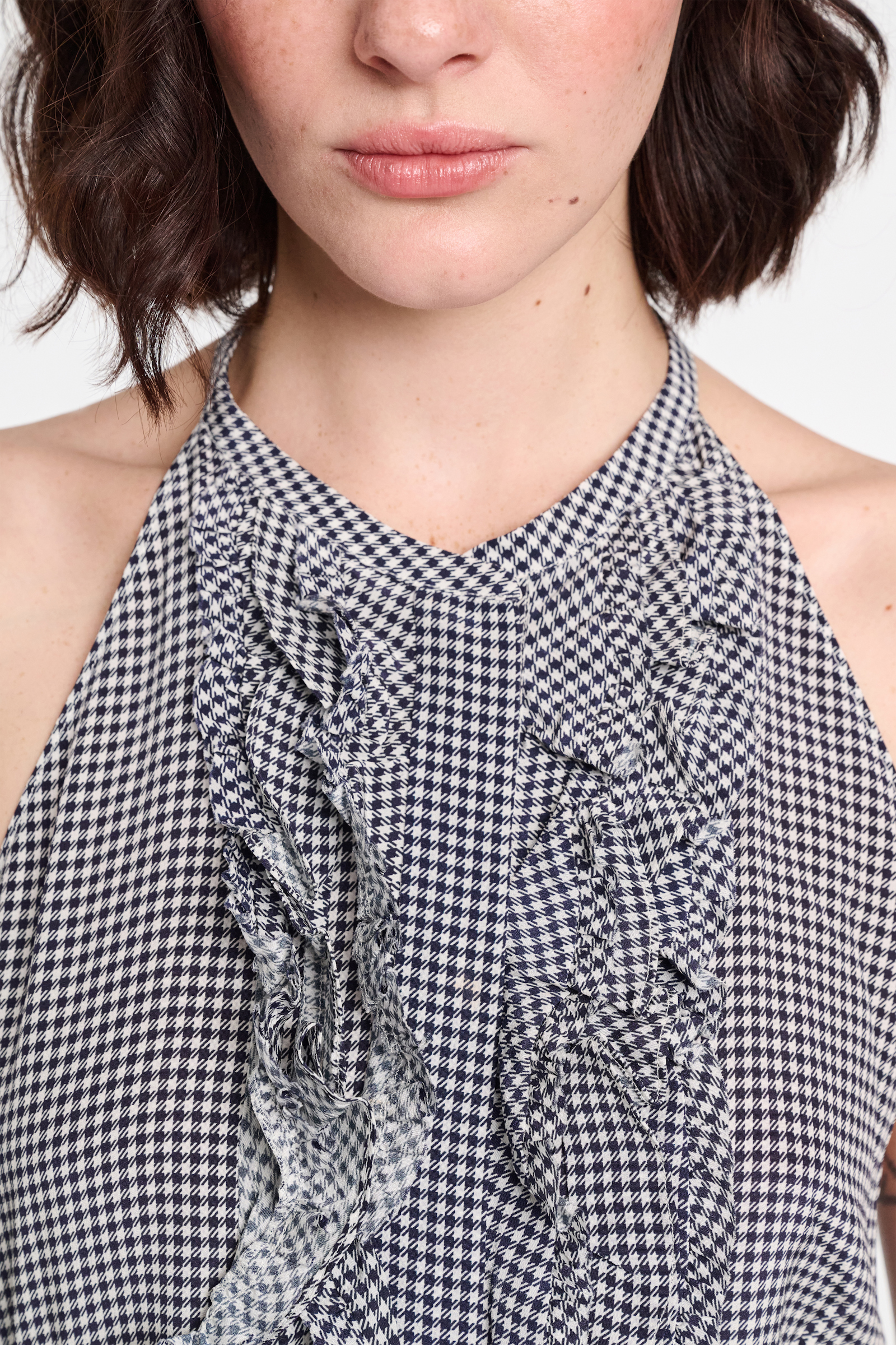Dorothee Schumacher Gingham print silk-viscose tank top with ruffle trim dark navy vichy