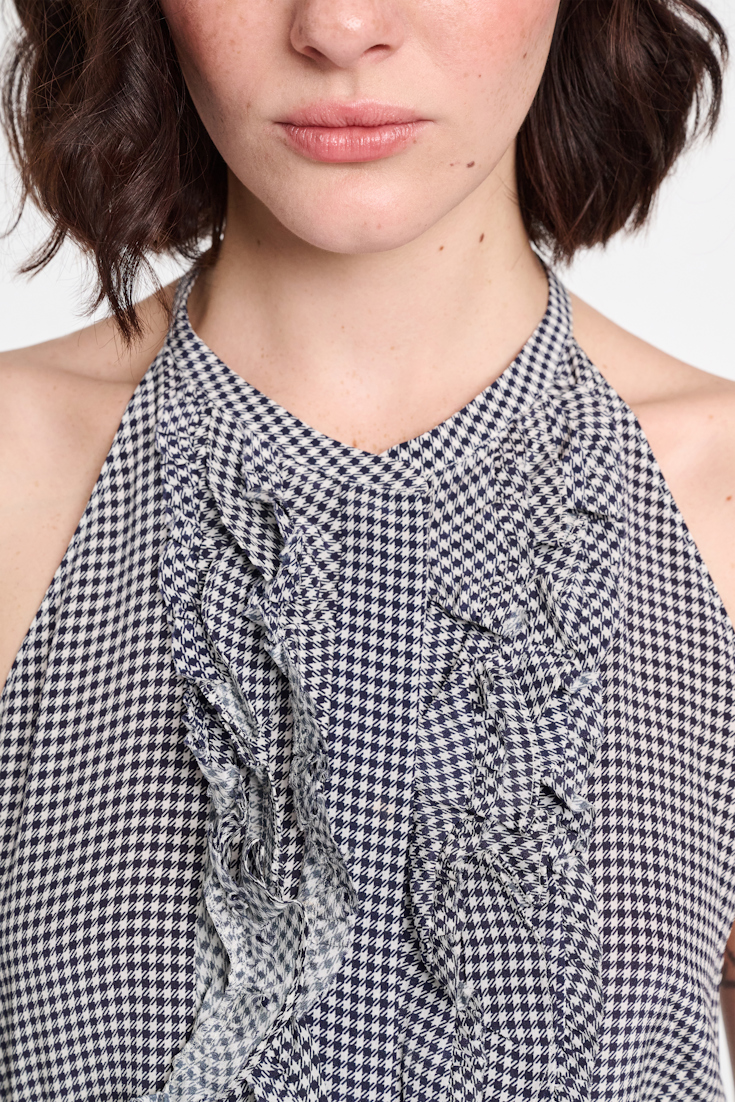 Dorothee Schumacher Gingham print silk-viscose tank top with ruffle trim dark navy vichy