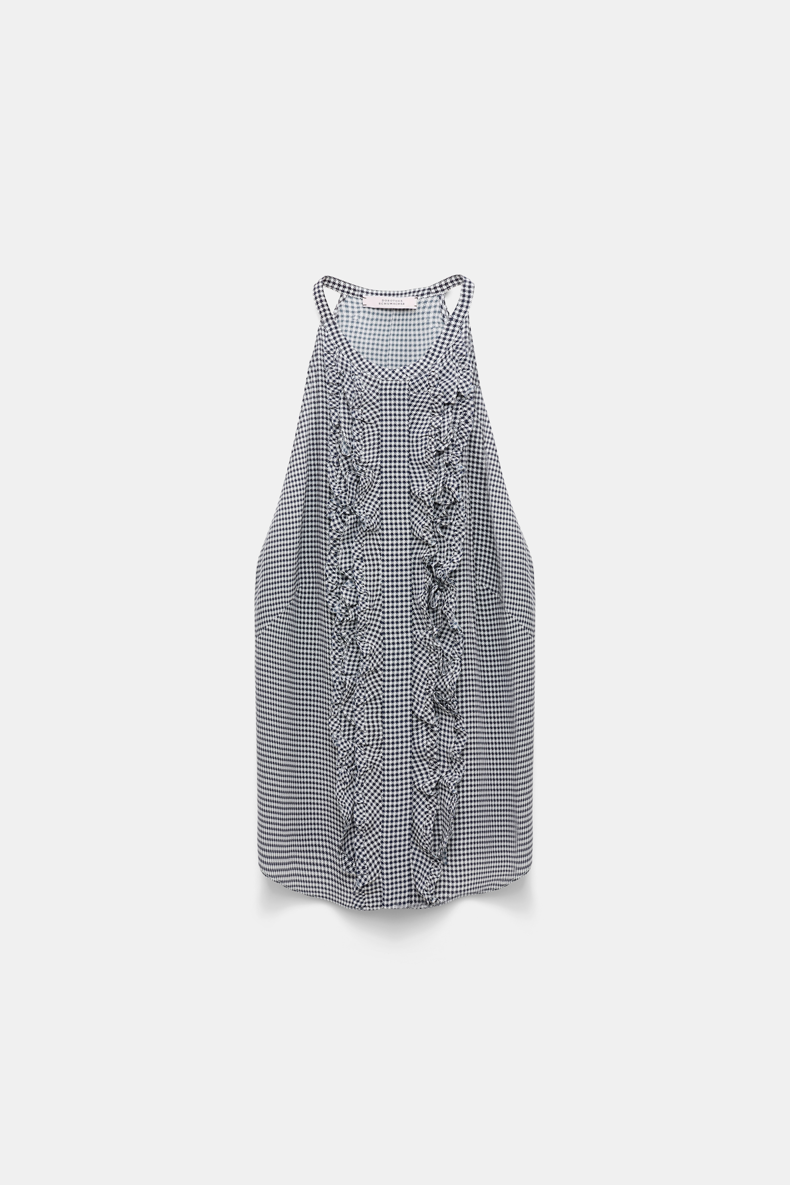 Dorothee Schumacher Gingham print silk-viscose tank top with ruffle trim dark navy vichy