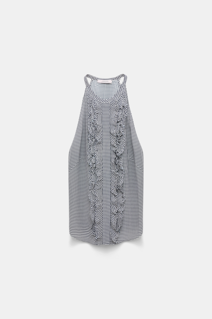 Dorothee Schumacher Gingham print silk-viscose tank top with ruffle trim dark navy vichy