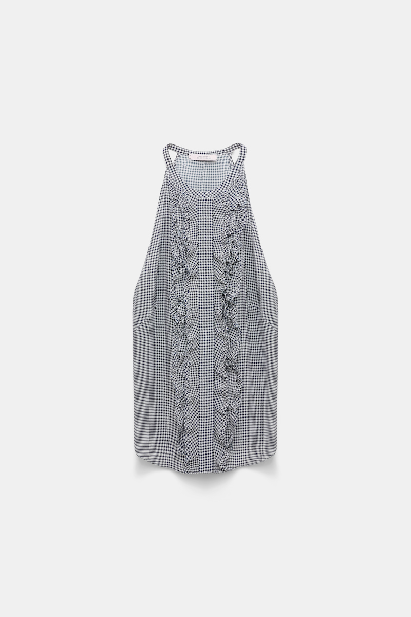 DOROTHEE SCHUMACHER GINGHAM PRINT SILK-VISCOSE TANK TOP WITH RUFFLE TRIM 